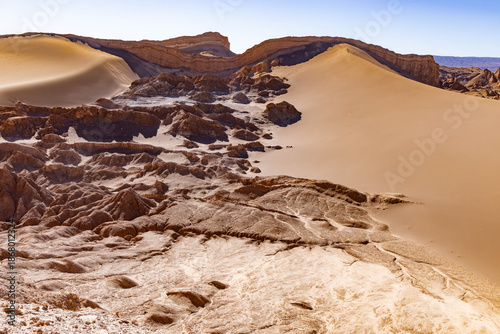 Bizarre rock formations and sand dunes in Moon Valley Chile