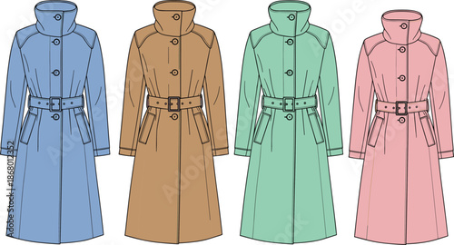 Women's Trench Coat CAD Technical Drawing, High Stand Collar, Double-Breasted Buttons and Adjustable Belted Waist, Flat Vector Illustration Template for Garment Design.