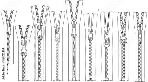 Zipper Fasteners CAD Technical Drawing Collection, Various Types Including Coil, Plastic and Metal Teeth, Flat Vector Illustration Template for Garment and Product Design Specifications.