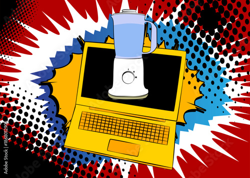 Cartoon Laptop, comic book Notebook with Food Blender. Retro vector comics pop art design.