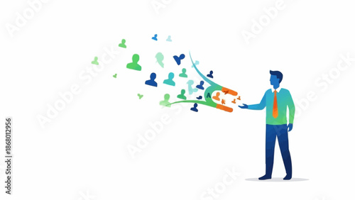 Man with Megaphone Spreading Social Media Icons and People Symbols.