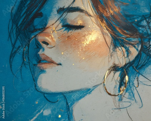 An artistic fashion model with flowing hair portrays a fantasy mermaid underwater in a blue abstract style painting
