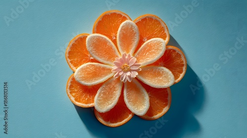 A fresh orange flower rests on a vibrant blue background, capturing the juicy color and organic beauty of a ripe citrus slice