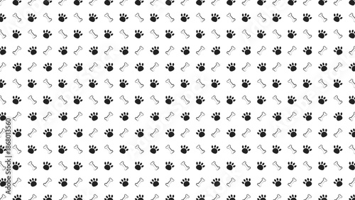 Minimalist black and white pet paw print and bone pattern. Flat background for dog lovers, veterinary clinics, animal shelters, and cute puppy themed fabric or gift wrap