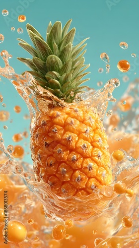 Ripe yellow pineapple fruit with green leaves creating a fresh tropical water splash isolated on a white background for healthy organic juice concepts