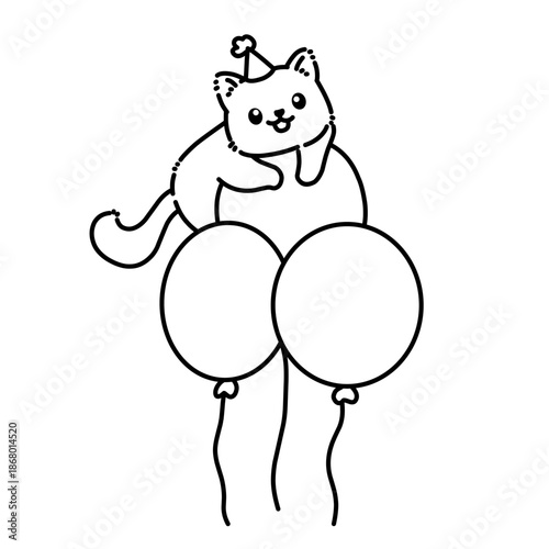 Playful cat riding three big balloons in simple line drawing style.