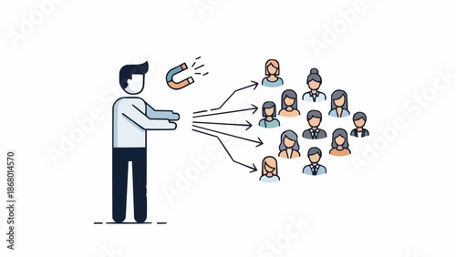 Man using a magnet to attract a group of people for marketing.