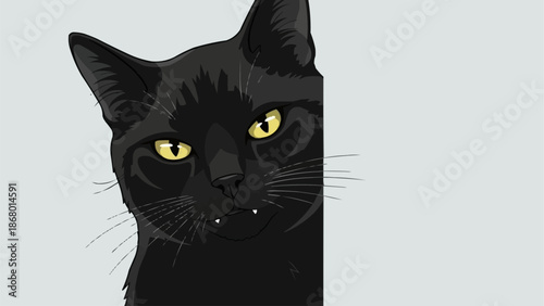 Black cat with bright yellow eyes peeking around a corner.