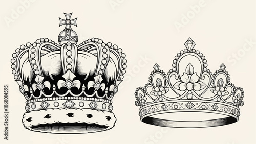 Two ornate royal crowns with intricate details and precious jewels.