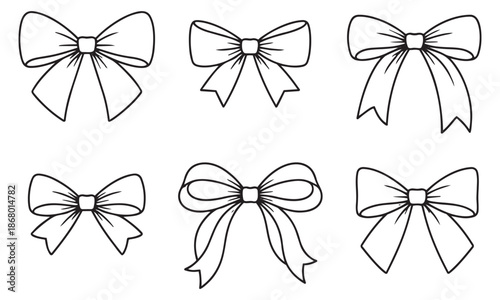 Hand drawn line art bow set featuring various festive ribbon illustrations for gifts and celebrations