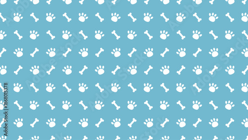 Cute seamless pattern of white dog paws and bones on a blue background. Perfect for pet accessories, nursery wallpaper, veterinary services, and canine-themed surface pattern design