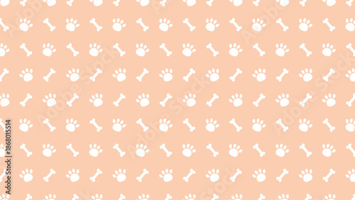Seamless cute pattern with white dog paw prints and bones on a peach background. Perfect for pet shop branding, animal textiles, puppy wallpaper, and veterinary clinic graphic design