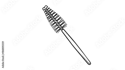 A simple black and white line drawing of a mascara wand or spoolie brush for applying mascara and grooming eyelashes.