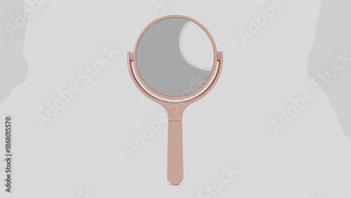 A modern, double-sided handheld mirror with a pink frame and handle, featuring standard and magnifying reflections for makeup.