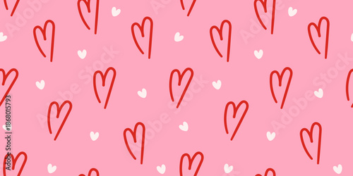 Seamless pattern with cute linear hand drawn hearts. Vector romantic background in retro style for textile, wallpaper, wrapping paper, web design.