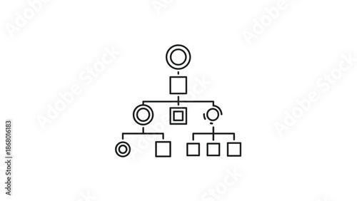 Complex animated line art diagram of a hierarchical structure with various shapes, illustrating a multifaceted organizational system or network.