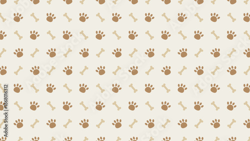Natural seamless pattern featuring brown dog paw prints and tan bones on a cream background. Perfect for organic pet food branding, earthy animal textiles, and rustic gift wrapping