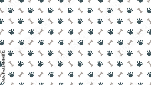 Minimalist seamless pattern with grey paw prints and bones on a clean white background. Versatile vector design for modern pet products, professional veterinary stationery, and home decor