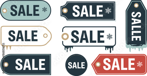 Collection of diverse winter seasonal sale tags and labels featuring different shapes and vintage melting ice effects perfect for holiday promotions