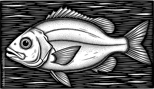 Detailed woodcut style illustration of a sea bream fish with stipple shading on a black textured background for nautical design