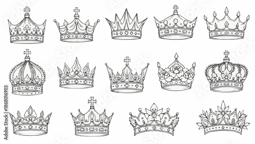 Collection of Hand Drawn Royal Crowns and Tiaras Illustration.