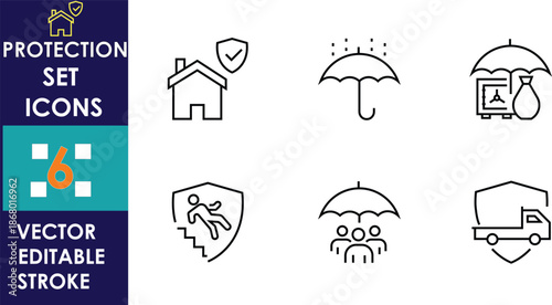 Protection set icons featuring home, umbrella, insurance, safety, care, security symbols in vector outline style, isolated on white, suitable for web and app design