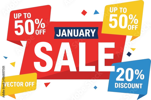 Colorful graphic design featuring bold typography advertising a massive January sale event with up to fifty percent off and twenty percent discount banners.