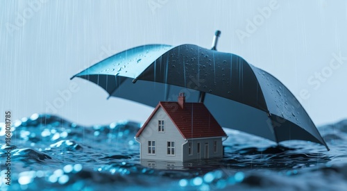 Miniature house protected by umbrella in heavy rain and flood