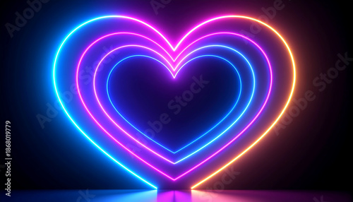 Neon heart shape glowing with vibrant blue, pink, and orange light on dark background creating bright romantic atmosphere