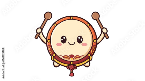 A cute mascot resembling a drum with a cheerful expression, wearing a traditional Chinese outfit, holding drumsticks, against a clean white background with a kawaii style and vibrant