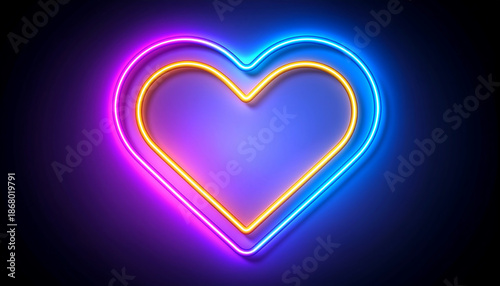 Glowing neon heart shape with vibrant pink, blue, and yellow colors on dark background creating bright and lively atmosphere