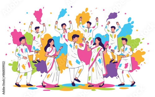 Vibrant Indian people celebrate Holi festival with colorful powders