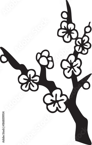 Black and white line illustration drawing of plum blossoms blooming on tree branches during Lunar New Year