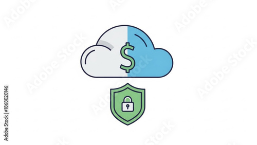 Cloud of Secure Finances: Conceptual illustration of digital financial security, with a cloud containing a dollar sign. A shield with lock symbolizes protection. Depicting a safe.