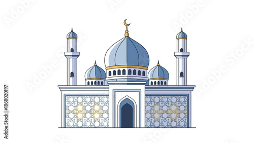 Digital illustration of a mosque with a large central dome and two minarets in shades of blue and white with gold accents against a plain white background for Ramadhan celebrations.