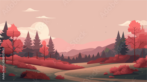 a dreamy forest landscape in pink and red tones. A winding path leads through rolling hills covered with stylized red trees and bushes. Soft pastel sunset sky with a pale sun and flying birds
