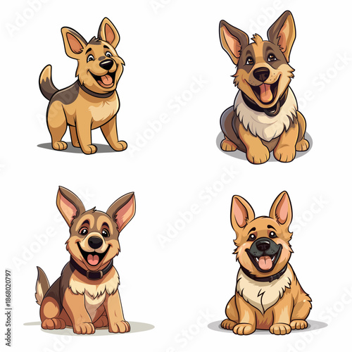 Set of four cute cartoon German Shepherd dog illustrations isolated on a white background. Happy puppy characters in different poses: sitting and standing, smiling with tongues out