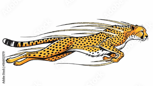 Dynamic illustration of a cheetah running at full speed, with stylized lines indicating rapid motion, isolated on a white background.