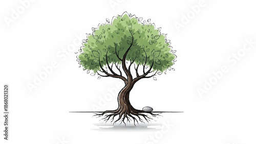 Artistic watercolor-style illustration of a solitary tree with a twisted trunk, lush green leaves, and visible roots next to a small grey stone.