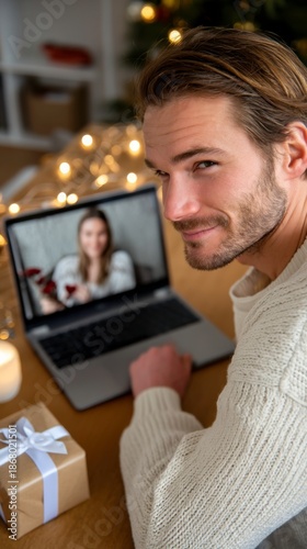 Virtual holiday gathering with friends home office digital interaction cozy atmosphere intimate viewpoint