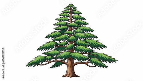 Classic illustration of a wide, healthy pine or fir tree with layered green branches and a sturdy brown trunk on a clean white background.