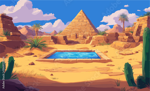 an ancient Egyptian desert landscape. A large pyramid stands majestically behind stone ruins and a rectangular blue water pool (oasis). Surrounded by green cacti, palm trees