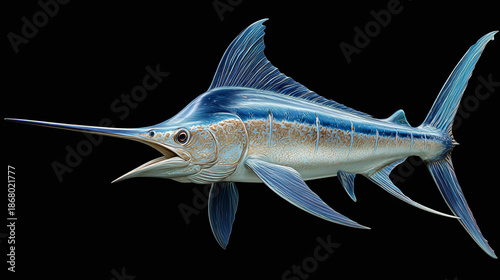 A close-up depiction of a marlin, a large and striking fish with a distinctive elongated bill, exhibiting the power and grace of the ocean
