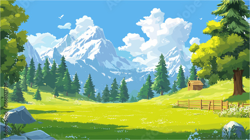 a sunny mountain landscape. Snowy alpine peaks in the background, lush green meadow with pine trees, a small wooden cabin, and a fence under a blue sky with fluffy clouds