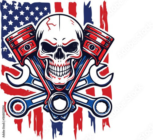 Aggressive Mechanic Skull with Crossed Pistons and Wrenches, American Flag Vector Illustration