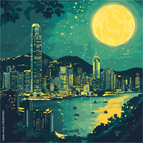 the Hong Kong city skyline at night. Illuminated skyscrapers towering over Victoria Harbour with boats floating on the water. A massive yellow full moon and starry sky background in green tones