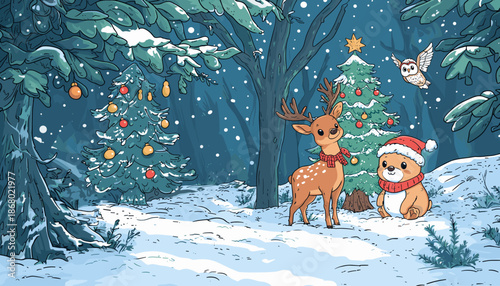 a festive winter forest scene with cute animals. A deer with a scarf, a bear wearing a Santa hat, and a flying owl in a snowy woodland surrounded by decorated Christmas trees with ornaments