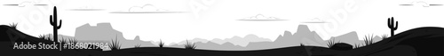 Simple black and white vector silhouette of a wide desert landscape panorama. Minimalist scene featuring saguaro cacti, rolling sand dunes, rocks, and distant grey mountains under a white sky