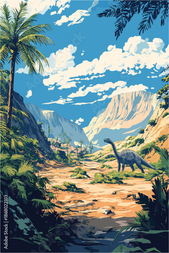 a prehistoric Mesozoic landscape with a dinosaur. Long-necked sauropod walking through a rocky valley with lush palm trees, towering cliffs, and a sunny blue sky background