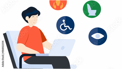 Man using laptop with accessibility symbols nearby